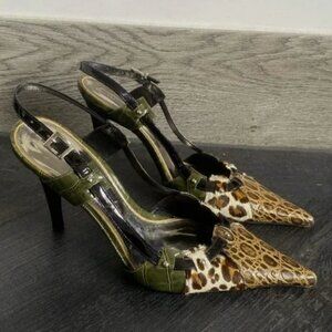 Y2k slingback green brown retro heels with leopard print
